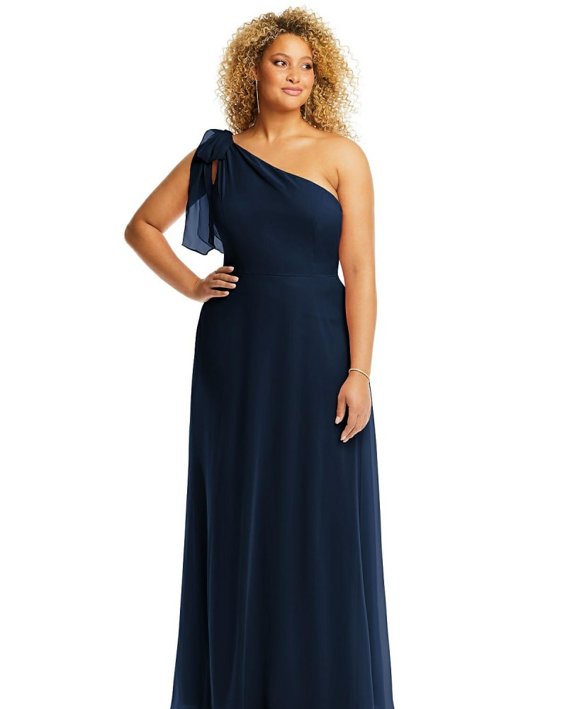 Front of a model wearing a size 18W Draped One-Shoulder Maxi Dress with Scarf Bow in Midnight Navy by After Six. | dia_product_style_image_id:266944